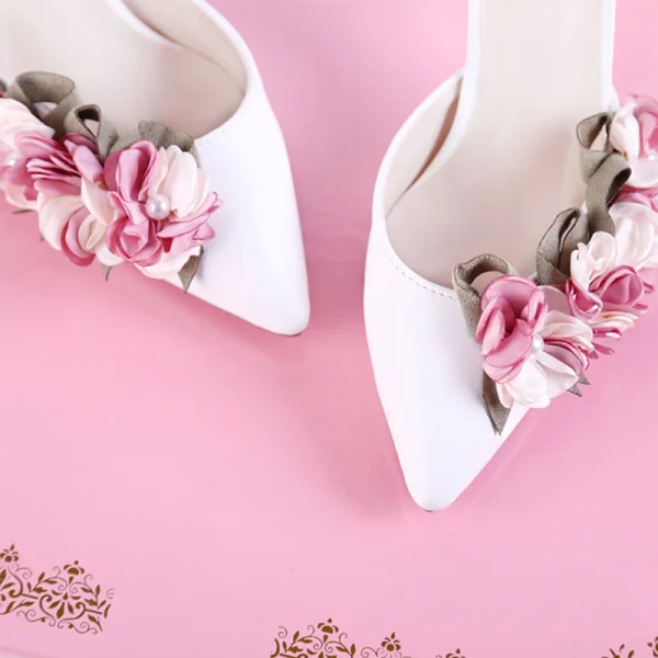 Chic / Beautiful White Flower Outdoor / Garden Womens Sandals 2020 Ankle Strap 9 cm Stiletto Heels Pointed Toe Sandals