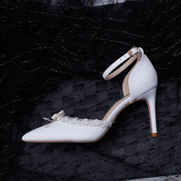 Chic / Beautiful White Bridesmaid Womens Sandals 2020 Ankle Strap Lace Flower 9 cm Stiletto Heels Pointed Toe Sandals