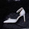 Fine Hvit Brudepike Sandaler Dame 2020 Ankelstropp Blonder Blomst 9 cm Stiletthæler Spisse Sandaler