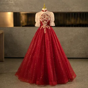 Bling Bling Burgundy Beading Pearl Sequins Flower Prom Dresses 2025 Ball Gown High Neck Short Sleeve Backless Floor Length Long Formal Dresses
