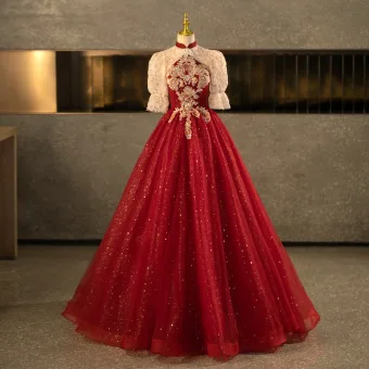 Bling Bling Bordeaux Perlage Perle Paillettes Fleur Robe De Bal 2025 Robe Boule Col Haut Manches Courtes Dos Nu Longue Robe De Ceremonie