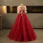 Bling Bling Burgundy Beading Pearl Sequins Flower Prom Dresses 2025 Ball Gown High Neck Short Sleeve Backless Floor-Length / Long Formal Dresses