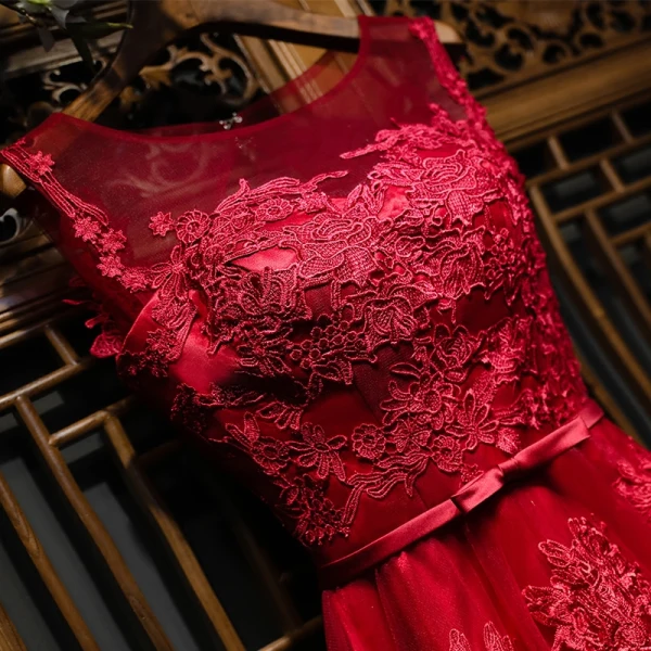Chic / Beautiful Red Formal Dresses Evening Dresses 2017 Lace Flower Scoop Neck Sleeveless Ankle Length A-Line / Princess