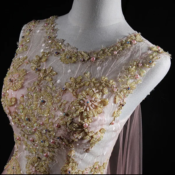 Chic / Beautiful Blushing Pink Evening Dresses 2018 A-Line / Princess Handmade Beading Pearl Sequins Lace Scoop Neck Sleeveless Floor-Length / Long Formal Dresses