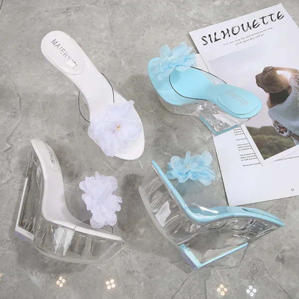 Transparent Charming Outdoor / Garden White Womens Sandals 2020 Flower 14 cm Wedges Open / Peep Toe Sandals