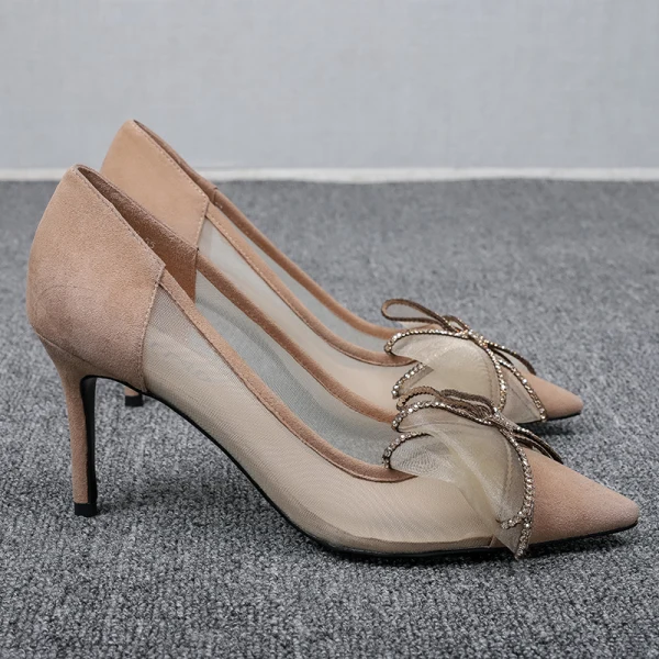 Chic / Beautiful Khaki Prom Pumps 2020 Rhinestone Bow 7 cm Stiletto Heels Pointed Toe Pumps