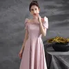 Elegant Blushing Pink Satin Prom Dresses 2021 A-Line / Princess Scoop Neck Backless Bow Short Sleeve Floor-Length / Long Prom Formal Dresses