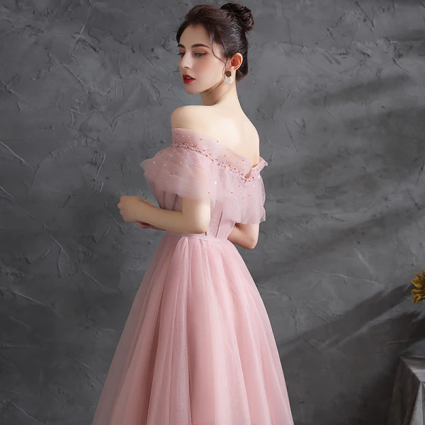 Chic / Beautiful Blushing Pink Prom Dresses 2021 A-Line / Princess Off-The-Shoulder Beading Rhinestone Short Sleeve Backless Floor-Length / Long Evening Party Formal Dresses
