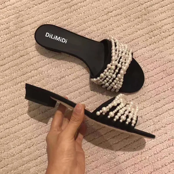 Enkla Svarta Sommar Casual Pärla Toffel & Flip flops 2020 Peep Toe Platt Damskor