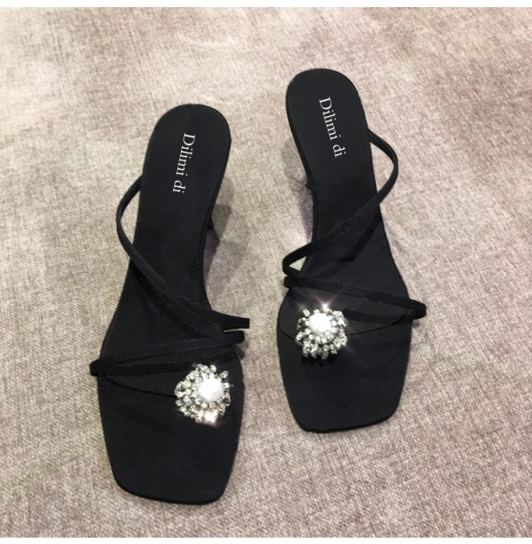 Modest / Simple Black Street Wear Rhinestone Womens Sandals 2020 7 cm Stiletto Heels Open / Peep Toe Sandals