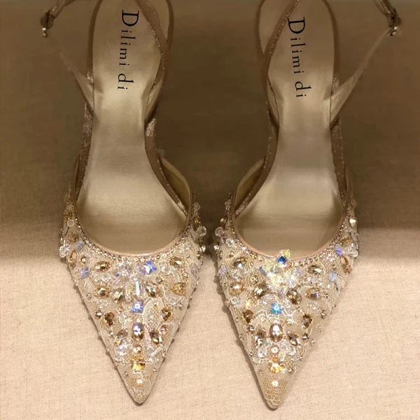 Charmant Himmelblau Strass Pailletten Brautschuhe 2020 Slingpumps 7 cm Stilettos Spitzschuh Hochzeit High Heels