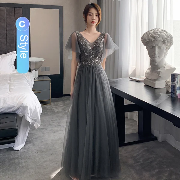 Chic / Beautiful Black Grey Bridesmaid Dresses 2021 A-Line / Princess Scoop Neck Beading Sequins Short Sleeve Backless Floor-Length / Long Bridesmaid Wedding Party Dresses