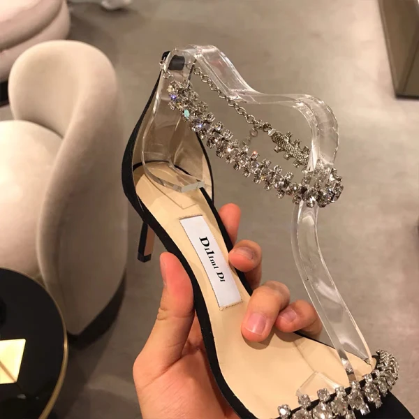 Sexy Noire Cocktail Sandales Femme 2020 Faux Diamant Bride Cheville 8 cm Talons Aiguilles Peep Toes / Bout Ouvert Escarpins