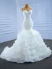 High-end Ivory Lace Cascading Ruffles Wedding Dresses 2021 Trumpet / Mermaid Scoop Neck Beading Sleeveless Backless Court Train Wedding