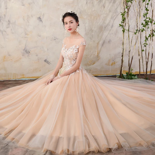Chic / Belle Champagne Robe De Mariée 2018 Princesse En Dentelle Fleur Perle Encolure Dégagée Dos Nu Mancherons Train De Balayage Mariage
