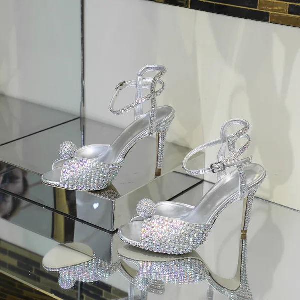 Sparkly Silver Rhinestone Wedding Shoes 2020 Leather Ankle Strap 10 cm Stiletto Heels Open / Peep Toe Wedding Sandals
