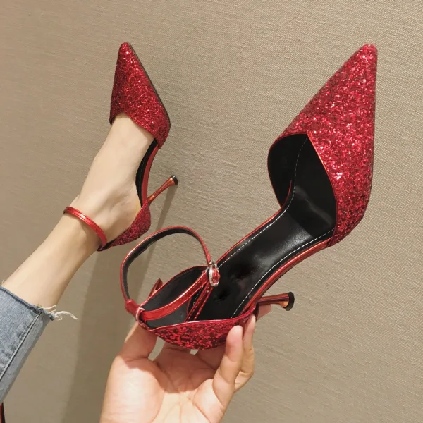 Scintillantes Argenté Soirée Paillettes Sandales Femme 2020 Bride Cheville 7 cm Talons Aiguilles À Bout Pointu Sandales