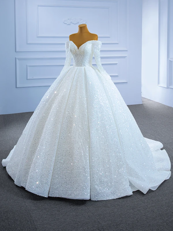 Luxus / Herrlich Ivory / Creme Brautkleider / Hochzeitskleider 2021 Ballkleid Quaste Perle Off Shoulder Perlenstickerei Pailletten Lange Ärmel Rückenfreies Hof-Schleppe Hochzeit