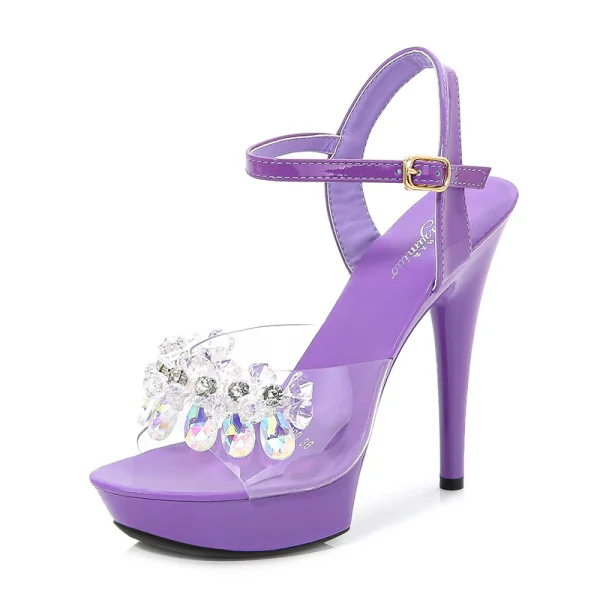 Sexy Noire Club de carnaval Faux Diamant Sandales Femme 2020 Bride Cheville 15 cm Talons Aiguilles Peep Toes / Bout Ouvert Sandales