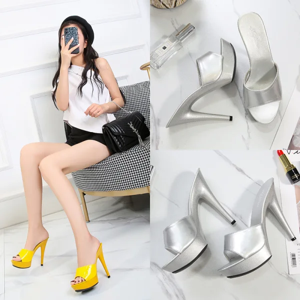 Schlicht Gelb Strassenmode Sandalen Damen 2020 13 cm Stilettos Peeptoes Sandaletten