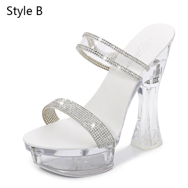 Transparent Sexy Weiß Karneval Club Strass Sandalen Damen 2020 14 cm Thick Heels Spitzschuh Sandaletten
