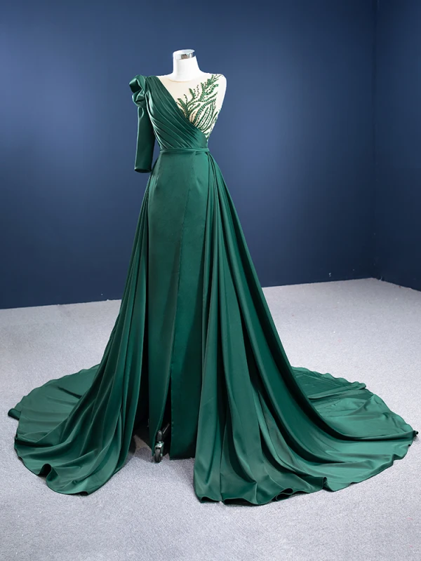 Elegant High-end Dark Green Satin Evening Dresses  2021 A-Line / Princess Scoop Neck Beading Sequins 3/4 Sleeve Sash Chapel Train Evening Party Formal Dresses