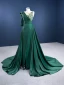 Elegant High-end Dark Green Satin Evening Dresses  2021 A-Line / Princess Scoop Neck Beading Sequins 3/4 Sleeve Sash Chapel Train Evening Party Formal Dresses