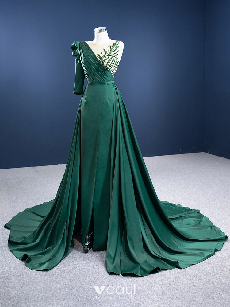 Elegant High end Dark Green Satin Evening Dresses 2021 A Line Princess Scoop Neck Beading Sequins 3 4 Sleeve Sash Chapel Train Evening Party Formal Dresses