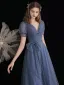 Fashion Ocean Blue Prom Dresses 2021 A-Line / Princess V-Neck Bow Beading Sequins Short Sleeve Backless Floor-Length / Long Prom Formal Dresses