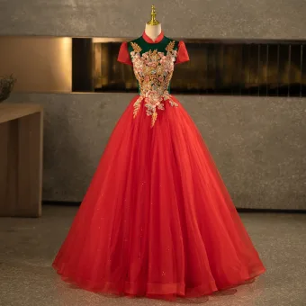 Vintage Originale Rouge Perlage En Dentelle Fleur Paillettes Robe De Bal 2025 Robe Boule Col Haut Manches Courtes Dos Nu Longue Robe De Ceremonie