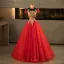 Vintage / Retro Red Beading Lace Flower Sequins Prom Dresses 2025 Ball Gown High Neck Short Sleeve Backless Floor-Length / Long Formal Dresses