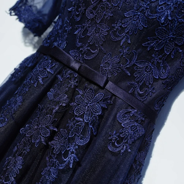 Elegant Navy Blue Formal Dresses Prom Dresses 2017 Lace Flower Bow Scoop Neck Floor-Length / Long 1/2 Sleeves A-Line / Princess
