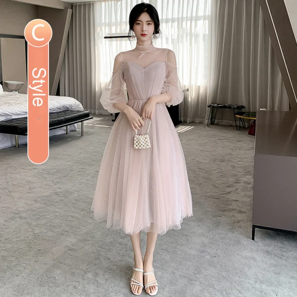 Chic / Beautiful Blushing Pink Bridesmaid Dresses 2021 A-Line / Princess Square Neckline Pearl Sequins Short Sleeve Backless Tea-length Bridesmaid Wedding Party Dresses
