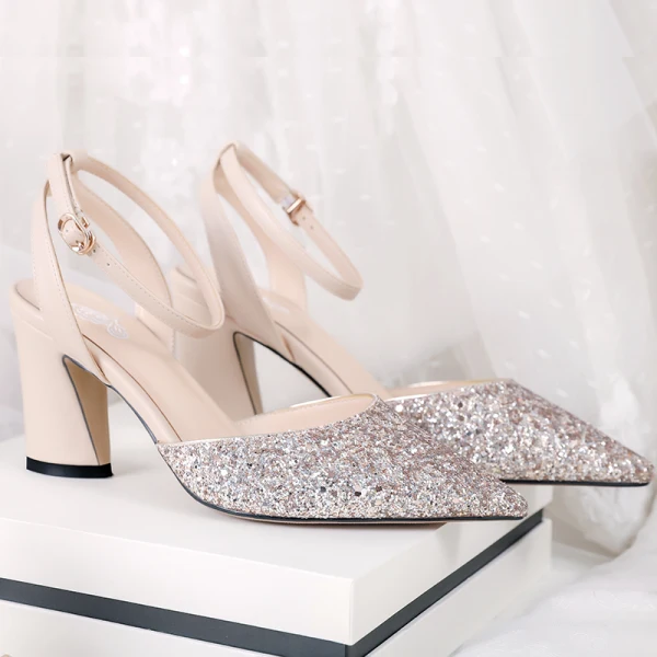 Uroczy Szampan Złote Cekiny Buty Ślubne 2020 Z Paskiem 11 cm Grubym Obcasie Szpiczaste Ślub Sandały