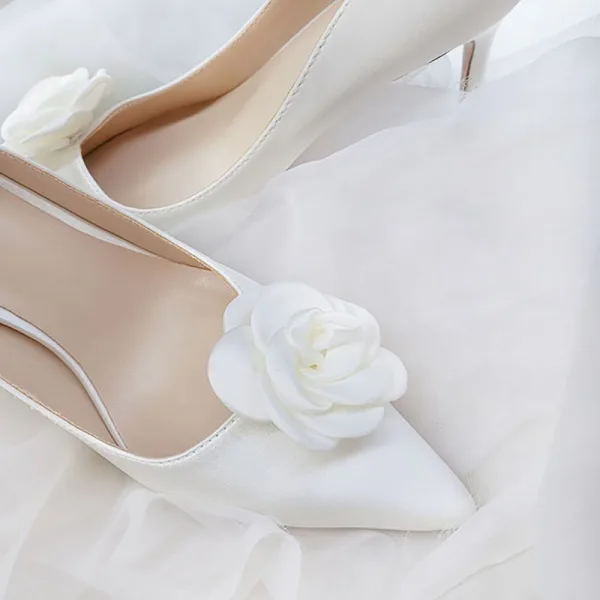 Élégant Ivoire Satin Fleur Chaussure De Mariée 2020 9 cm Talons Aiguilles À Bout Pointu Mariage Escarpins