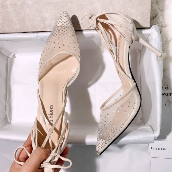 Charmant Beige Vêtement de rue Faux Diamant Sandales Femme 2020 Bride Cheville 9 cm Talons Aiguilles À Bout Pointu Sandales
