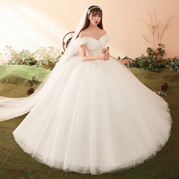 Elegant Ivory Wedding Dresses 2018 Ball Gown Bow Off-The-Shoulder Backless Short Sleeve Floor-Length / Long Wedding