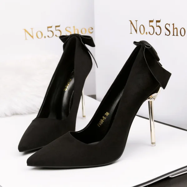 Enkel Grå Kontor OL Sløyfe Suede Pumps 2020 10 cm Stiletthæler Spisse Pumps