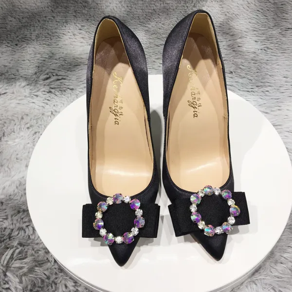 Chic / Beautiful Black Office OL Pumps 2020 Rhinestone Bow 12 cm Stiletto Heels Pointed Toe Pumps