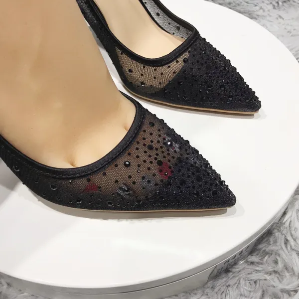 Sjarmerende Svart Aften Rhinestone Pumps 2020 Tyll 10 cm Stiletthæler Spisse Pumps