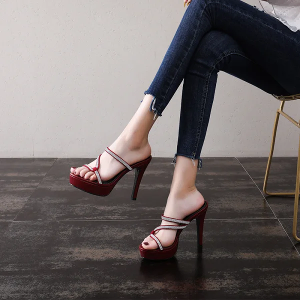 Sexy Bordeaux Vêtement de rue Paillettes Sandales Femme 2020 12 cm Talons Aiguilles Peep Toes / Bout Ouvert Sandales