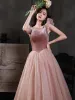 Vintage / Retro Suede Dusky Pink Prom Dresses 2021 A-Line / Princess Sleeveless Backless Square Neckline Tea-length Prom Formal Dresses