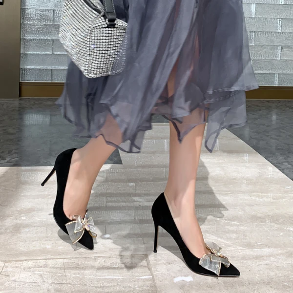 Chic / Beautiful Black Evening Party Pumps 2020 Leather Rhinestone Bow 9 cm Stiletto Heels Pointed Toe Pumps