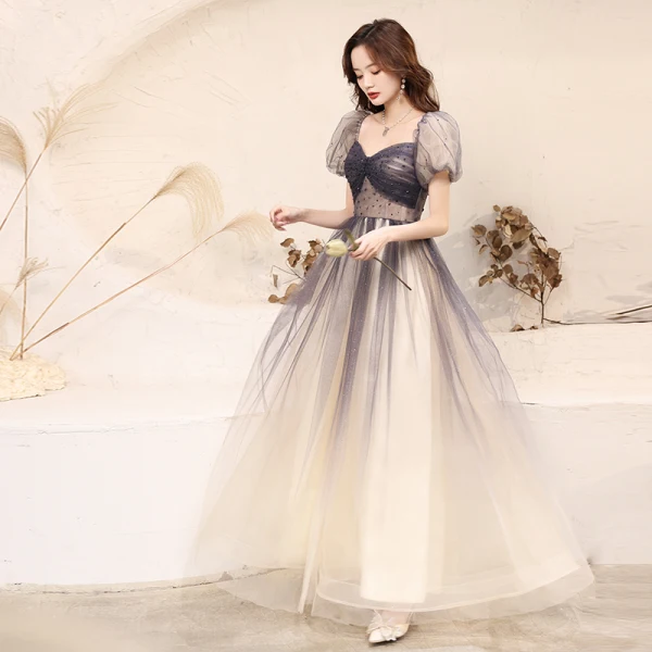 Fashion Navy Blue Glitter Prom Dresses 2021 A-Line / Princess Square Neckline Beading Crystal Short Sleeve Floor-Length / Long Prom Formal Dresses