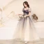 Fashion Navy Blue Glitter Prom Dresses 2021 A-Line / Princess Square Neckline Beading Crystal Short Sleeve Floor-Length / Long Prom Formal Dresses