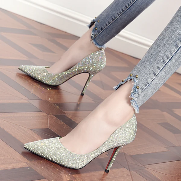 Charmant Beige Soirée Faux Diamant Escarpins 2020 9 cm Talons Aiguilles À Bout Pointu Escarpins