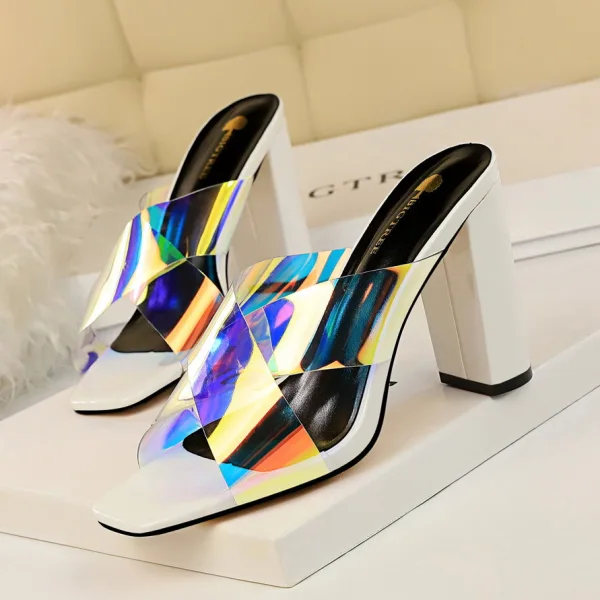 Modest / Simple Summer Burgundy Street Wear Laser Womens Sandals 2020 9 cm Thick Heels Open / Peep Toe Sandals