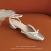 Elegantes Marfil Perla Bowknot Zapatos de novia 2020 3 cm Talones Gruesos Low Heel Punta Estrecha Boda Sandalias