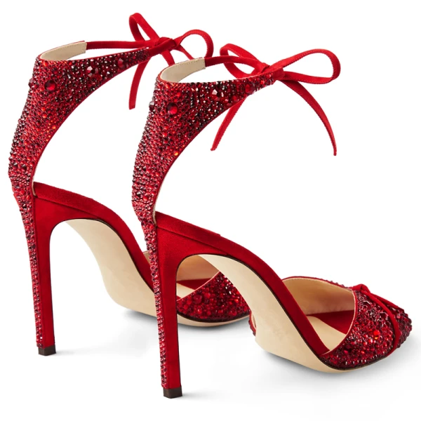 Charmant Rouge Soirée Faux Diamant Sandales Femme 2020 Cuir Noeud 9 cm Talons Aiguilles Peep Toes / Bout Ouvert Sandales