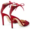 Charming Red Evening Party Rhinestone Womens Sandals 2020 Leather Bow 9 cm Stiletto Heels Open / Peep Toe Sandals